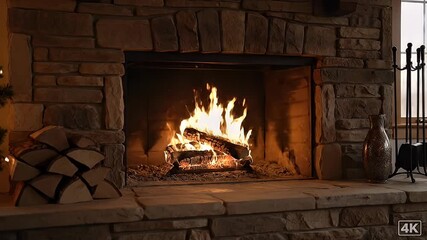 Fireplace with burning fire