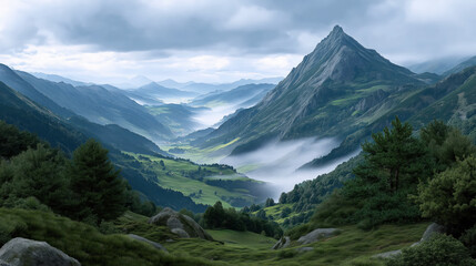 Obraz premium Majestic mountain landscape with lush green valleys and misty clouds, creating serene and tranquil atmosphere