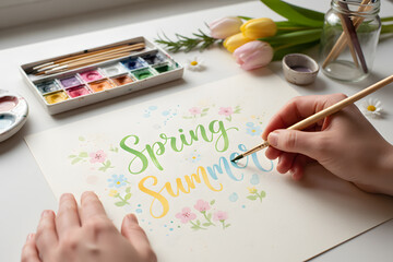 Woman hand-painting Spring Summer text with floral accents using watercolors on white desk with tulips, concept of seasonal creativity