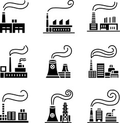 Industrial Factory Glyph Icons with Smoke – Pollution and Power Plant