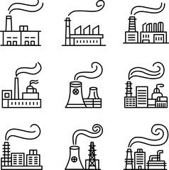 Industrial Factory Line Icons with Smoke – Pollution and Power Plant Outline Vector Set
