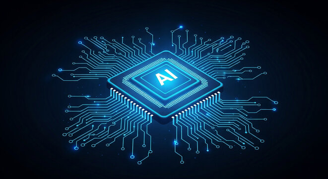 Stunning AI chip with glowing circuits represents advanced technology and future innovation, powering digital transformation and intelligent systems