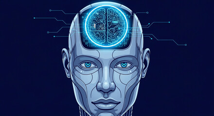 Futuristic AI robot head showcases glowing blue digital brain with intricate circuitry and data connections, representing intelligence and innovation.