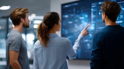 Three young professionals collaborate in a modern office, analyzing data visualizations on a large digital screen. Teamwork and innovation drive their discussion in a high tech workspace - Powered by Adobe