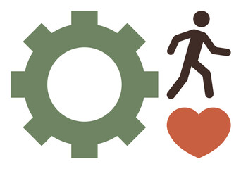Gear symbolizing work, heart representing passion, and walking figure denoting active lifestyle. Ideal for productivity, teamwork, balance, health, motivation growth wellness. Simple flat metaphor