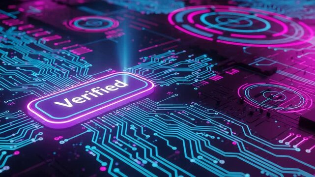 Verified digital circuit board glowing neon blue and pink abstract technology background secure
