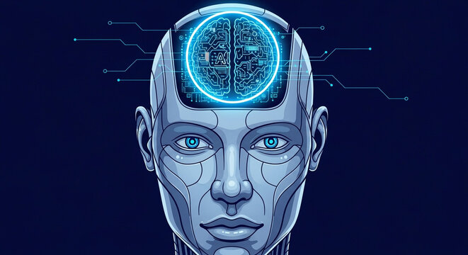 Futuristic AI robot head showcases glowing blue digital brain with intricate circuitry and data connections, representing intelligence and innovation.