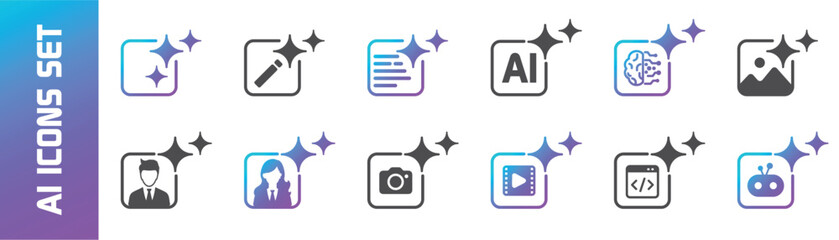AI generate icons set, generate icon with technology buttons, artificial intelligence set of icons.
