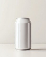 Blank silver aluminum can mockup standing upright on white surface with neutral background for branding or product design presentation concept