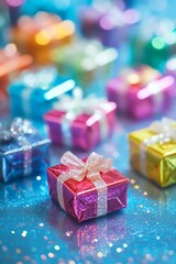Colorful small gift boxes arranged neatly on a shiny surface, creating a festive scene ideal for celebrations and special events