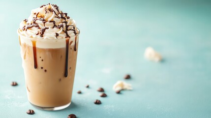 Creamy iced coffee topped with whipped cream and chocolate syrup on a soft blue background in bright light Refreshing beverage concept Ai generative