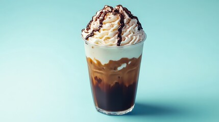 Creamy iced coffee topped with whipped cream and chocolate syrup on a soft blue background in bright light Refreshing beverage concept Ai generative