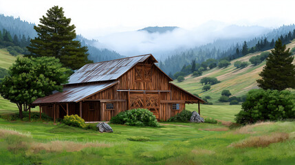 Rustic wooden barn surrounded by lush green fields and rolling hills, with misty mountains in background, evokes sense of tranquility and peace