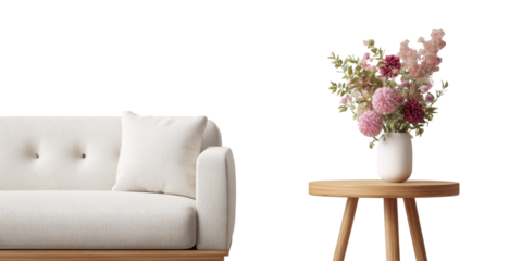 White sofa and wooden side table with pink flowers
