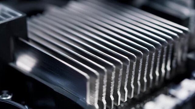 Closeup of thin aluminum heat dissipation fins efficiently cooling highperformance electronic components in a sleek device chassis