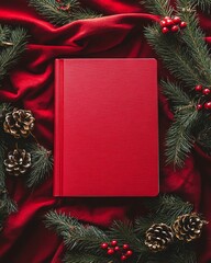 Festive red notebook surrounded by pine branches and holiday decor on a rich red fabric surface during winter season