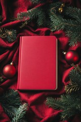 Festive red notebook surrounded by pine branches and holiday decor on a rich red fabric surface during winter season