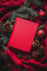 Festive red notebook surrounded by pine branches and holiday decor on a rich red fabric surface during winter season