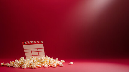 Movie clapperboard popcorn red background minimalist cinema snack entertainment concept