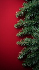 Fresh green pine branches decorate a rich red background, creating a vibrant holiday atmosphere for winter celebrations and festive events