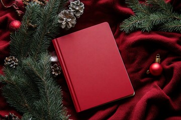Festive red notebook surrounded by pine branches and holiday decor on a rich red fabric surface during winter season