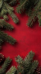 Fresh green pine branches decorate a rich red background, creating a vibrant holiday atmosphere for winter celebrations and festive events