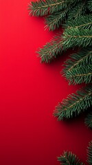 Fresh green pine branches decorate a rich red background, creating a vibrant holiday atmosphere for winter celebrations and festive events