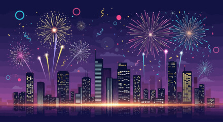 Celebrate the New Year with vibrant fireworks over a modern city skyline, perfect for holiday promotions and festive event invitations that capture joy