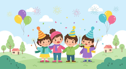 Adorable children celebrate with sparklers and balloons in a whimsical party setting, perfect for joyful invitations and birthday cards or cheerful designs