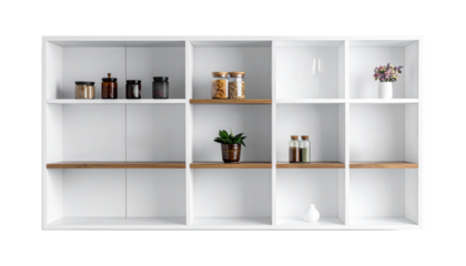 Modern home interior design featuring an empty wood bookshelf and shelf on a clean white wall