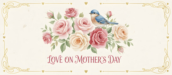 Colorful roses and a bluebird create a beautiful design to celebrate love on Mother's Day