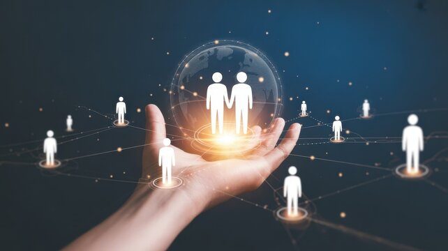 Connected Harmony: A digital representation shows interconnected figures representing global teamwork and collaboration, symbolizing the strength of unity and cooperation in a tech-driven world. - Powered by Adobe