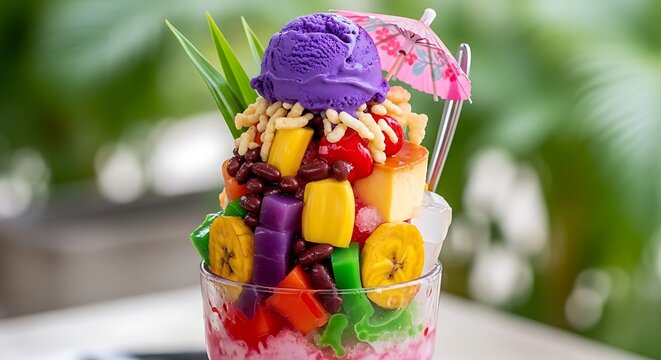 Vibrant and Refreshing Filipino Dessert Halo-Halo Served in a Tall Glass with Assorted Toppings