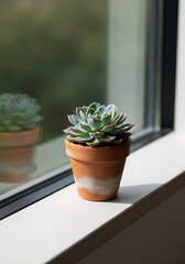 A small succulent plant in a pot placed near a bright window, with soft natural light and a clean minimal interior