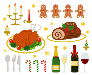 クリスマスらしい飲み物と食べ物のイラストセット