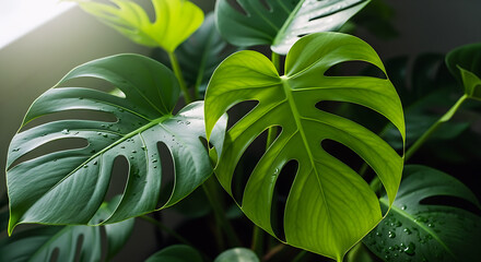 A potted Monstera plant placed near a bright window, showing its large split leaves with soft natural light in a clean indoor setting