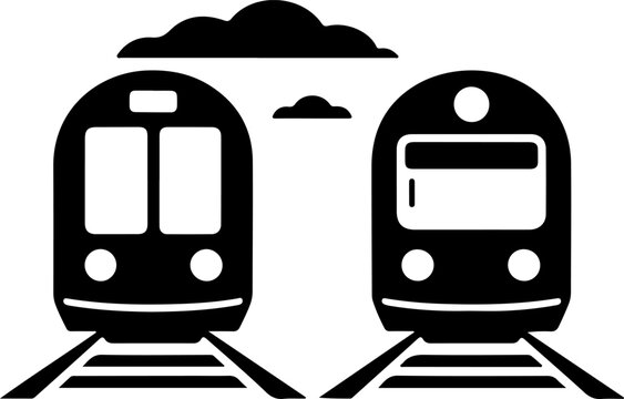 Two modern trains on parallel tracks with stylized clouds above