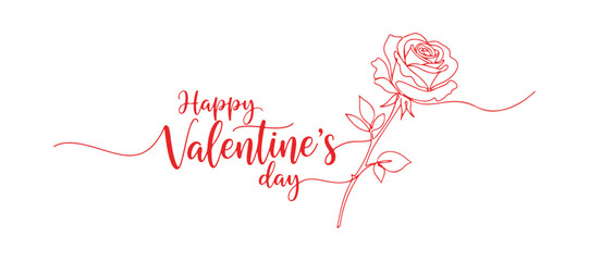 Happy Valentine's Day written by hand, postcard adorned with a rose flower. continuous single line art sketch, logo