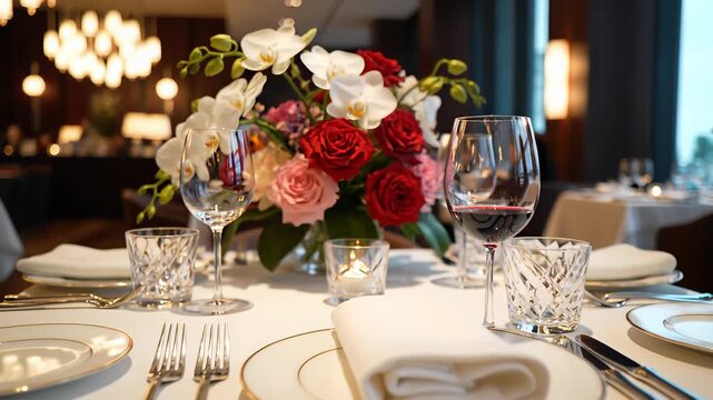 Dining table setting features an elegant arrangement of glasses, vases with flowers, and utensils on a sleek surface, capturing the refined concept of fine dining and upscale events perfect for.