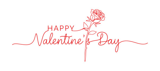 Handwritten inscription for Happy Valentine's Day, postcard with a rose flower. continuous single line art drawing, logo