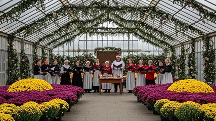 Festive Choral Ensemble Performing in a Greenhouse Setting Amidst Floral Arrangements Featuring a Choir Group Singing Harmoniously in a Greenhouse Adorned with Vibrant Flowers