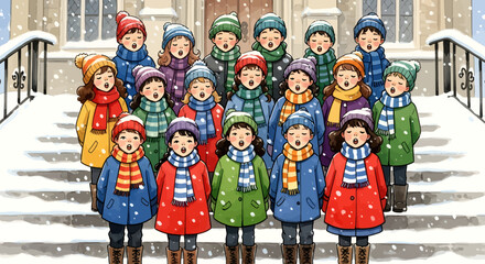 A group of diverse children in colorful winter coats, hats, and scarves singing carols on snowy steps in front of a building.