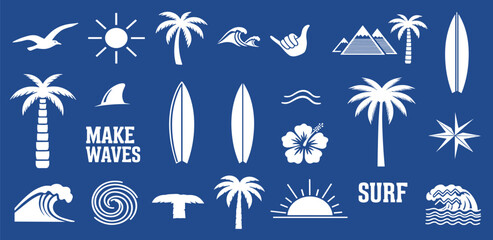 Collection of soccer equipment and symbols representing a sports game, including a stadium, jersey, ball, and trophy