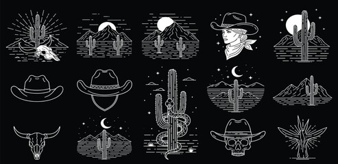 Western-themed graphic elements desert landscapes, cowboy hats, and wild west icons