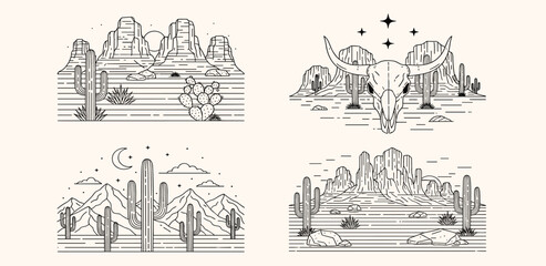 Desert Landscape Illustrations Cacti, Skull, Mountains in Outline Style