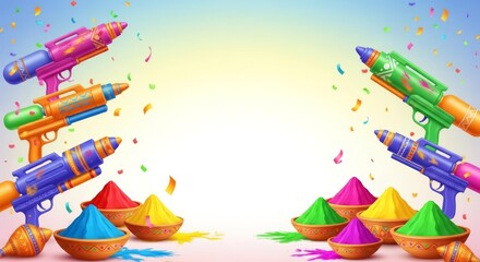 Obraz premium Colorful Holi festival celebration with water guns and powder colors.