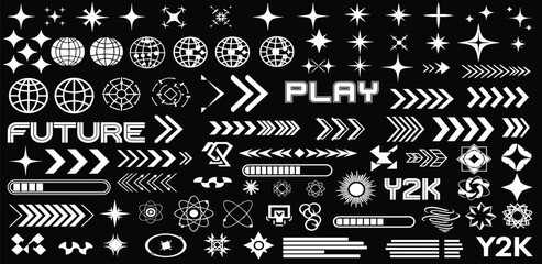 Dynamic collection of retro-futuristic graphic elements, capturing the distinctive early 2000s Y2K aesthetic with a modern digital edge, perfect for creative design projects and interface inspiration