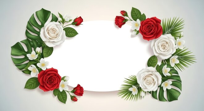 Elegant Floral Oval Frame with Red and White Roses and Green Leaves.