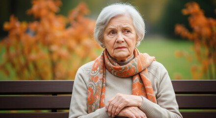 Confused elderly woman with a confused gaze into the distance expression for dementia sitting alone on a park bench.