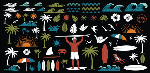 A comprehensive collection of diverse tropical beach and surfing elements, perfect for designing a vibrant summer vacation concept with a relaxed and adventurous spirit